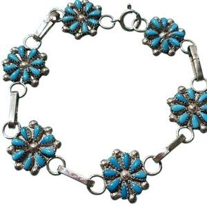 Zuni Silver Petit Point Floral Sleeping Beauty Turquoise Clusters Bracelet 7"